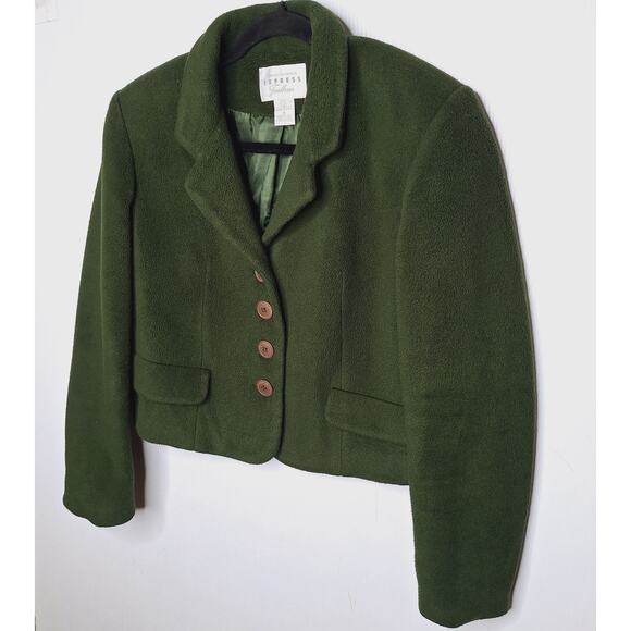 VTG 90s Express Tailleur Compagnie Cropped Blazer Jacket S Bottle Green Fleece - Picture 2 of 11